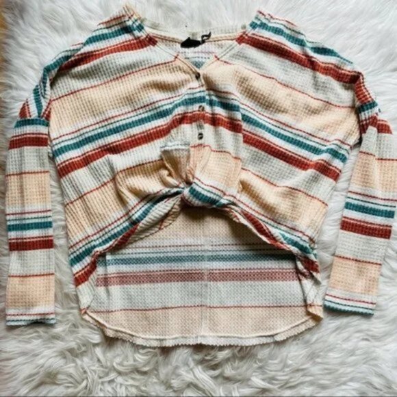 Urban Outfitters | Pastel Jojo Striped Henley Tie Front Thermal | Size Small - Picture 2 of 8